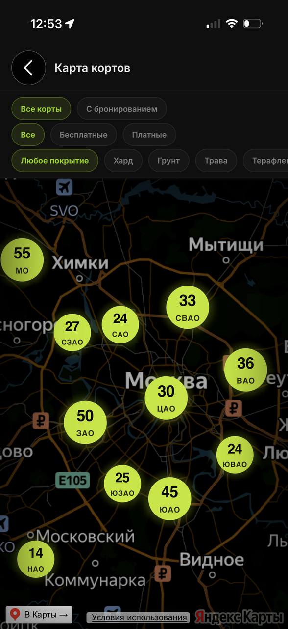 Карта 373 теннисных кортов в Tennis Hub